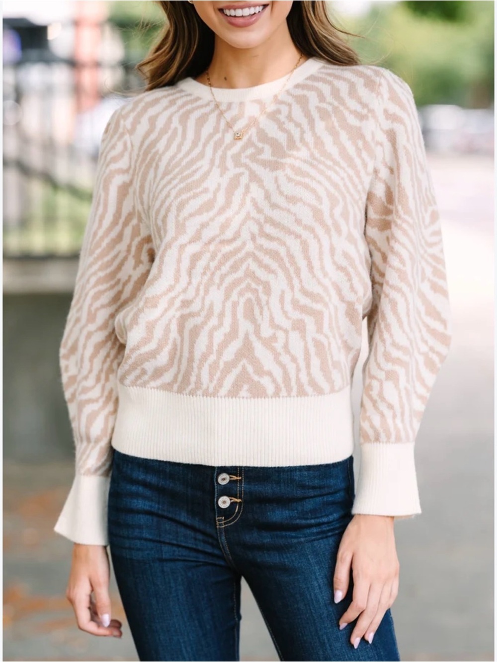fab'rik Beige & White Zebra-Print Crewneck Sweater
